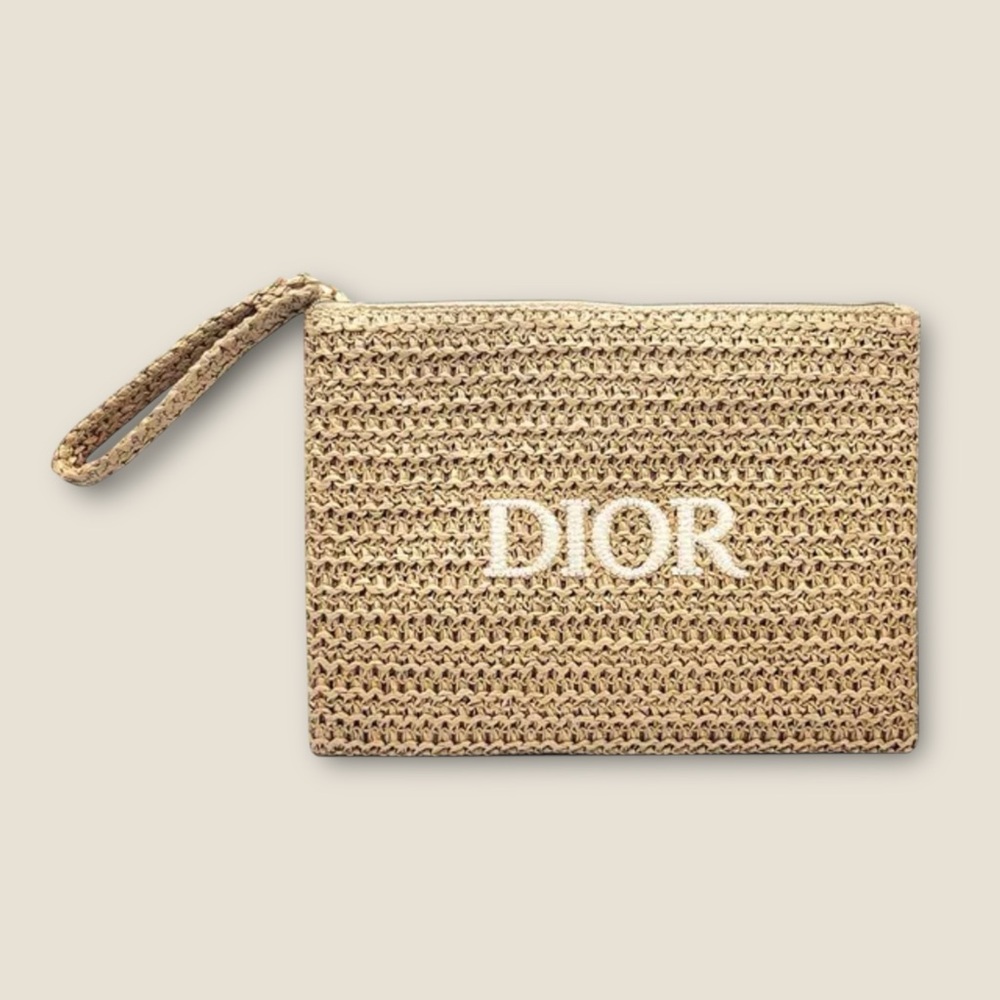 Dior Woven Straw Wristlet Clutch in Natural Beige with White Logo